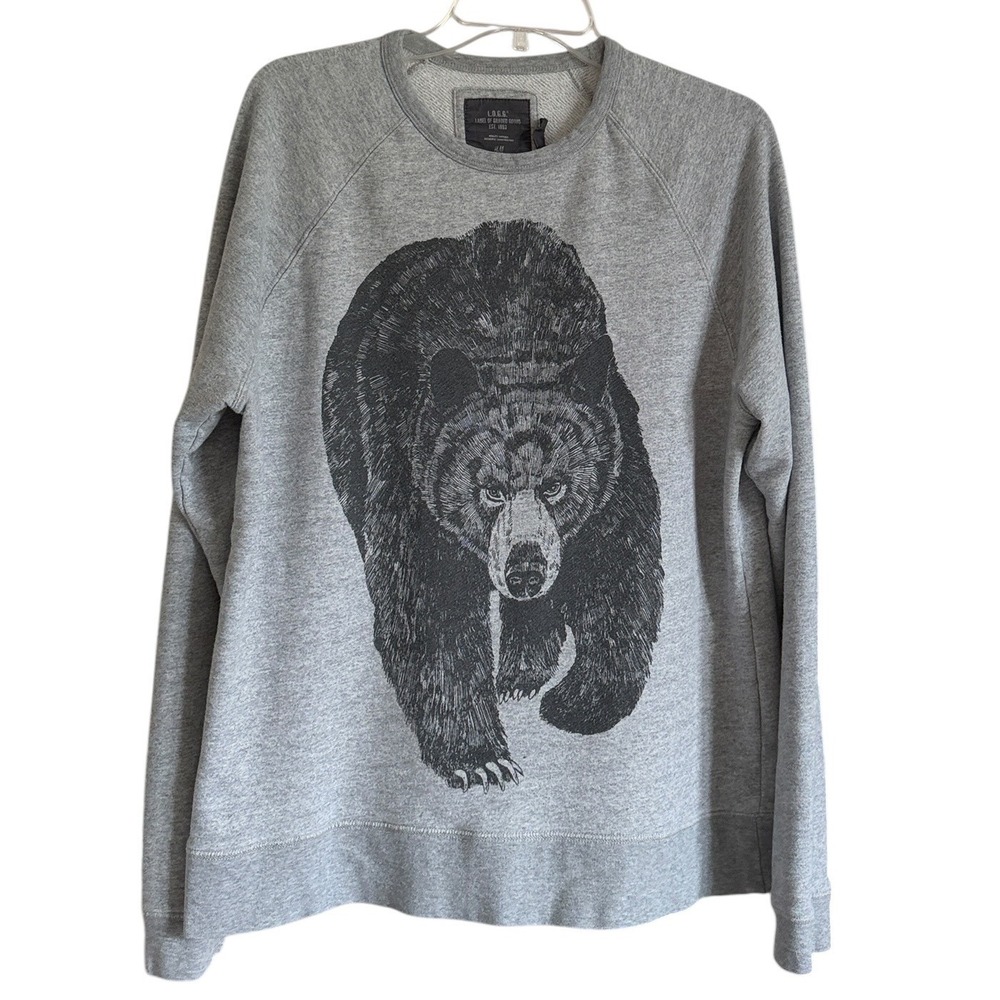 HM LOGG Mens Large Gray Black Bear Graphic Raglan Crewneck Sweatshirt L Pullover